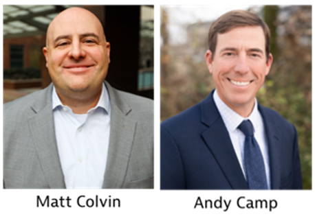 Matt Colvin and Andy Camp wearing business suits for their headshots